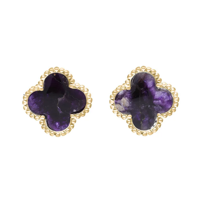18ct Yellow Gold Blue John bloom Four Leaf Clover Ball Edge Stud Earrings