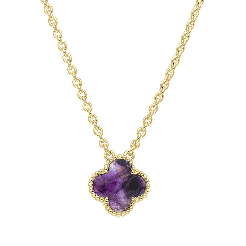 18ct Yellow Gold Blue John bloom Small Four Leaf Clover Ball Edge Chain Necklet
