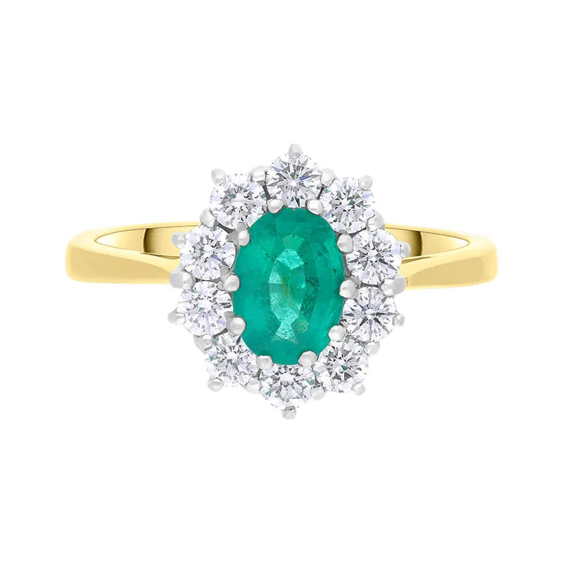 18ct Yellow Gold Emerald Diamond Oval Cut Cluster Ring