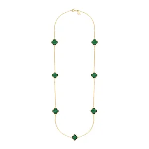 18ct Yellow Gold Malachite Bloom Four Leaf Clover Ball Edge Long Necklace
