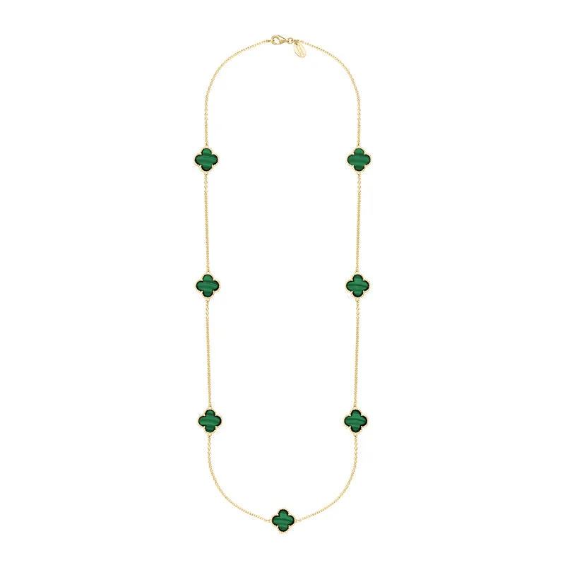 18ct Yellow Gold Malachite Bloom Four Leaf Clover Ball Edge Long Necklace