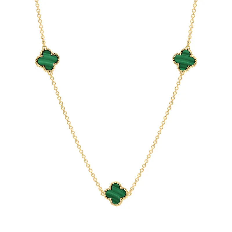 18ct Yellow Gold Malachite Bloom Four Leaf Clover Ball Edge Necklace