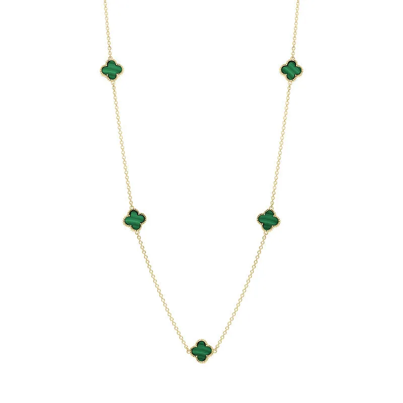 18ct Yellow Gold Malachite Bloom Four Leaf Clover Ball Edge Necklace