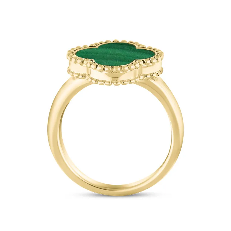 18ct Yellow Gold Malachite Bloom Four Leaf Clover Ball Edge Ring