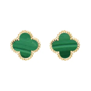18ct Yellow Gold Malachite Bloom Four Leaf Clover Ball Edge Stud Earrings