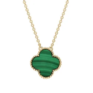18ct Yellow Gold Malachite Bloom Large Four Leaf Clover Ball Edge Chain Necklet