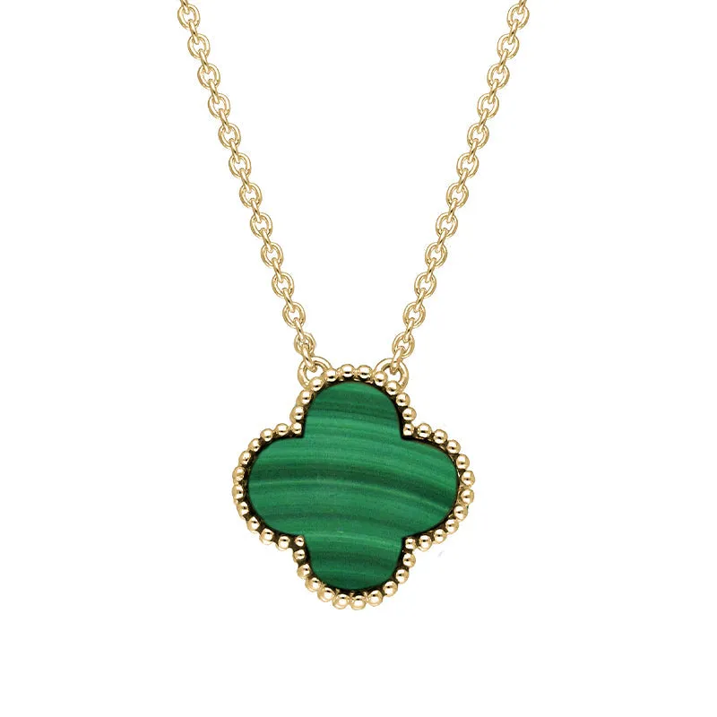 18ct Yellow Gold Malachite Bloom Large Four Leaf Clover Ball Edge Chain Necklet