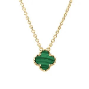 18ct Yellow Gold Malachite Bloom Small Four Leaf Clover Ball Edge Chain Necklace