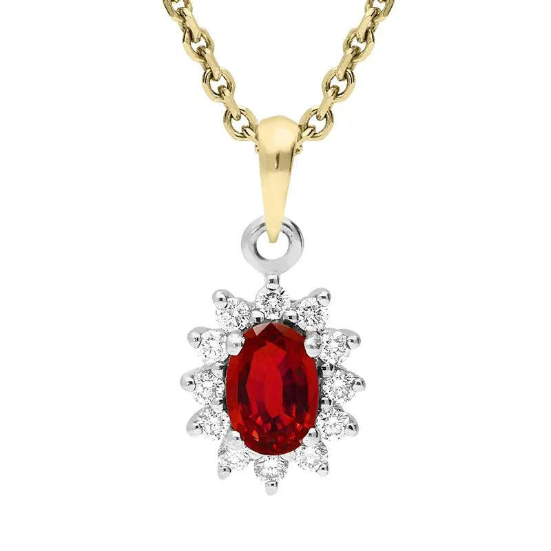 18ct Yellow Gold Ruby and Diamond Oval Cluster Necklace