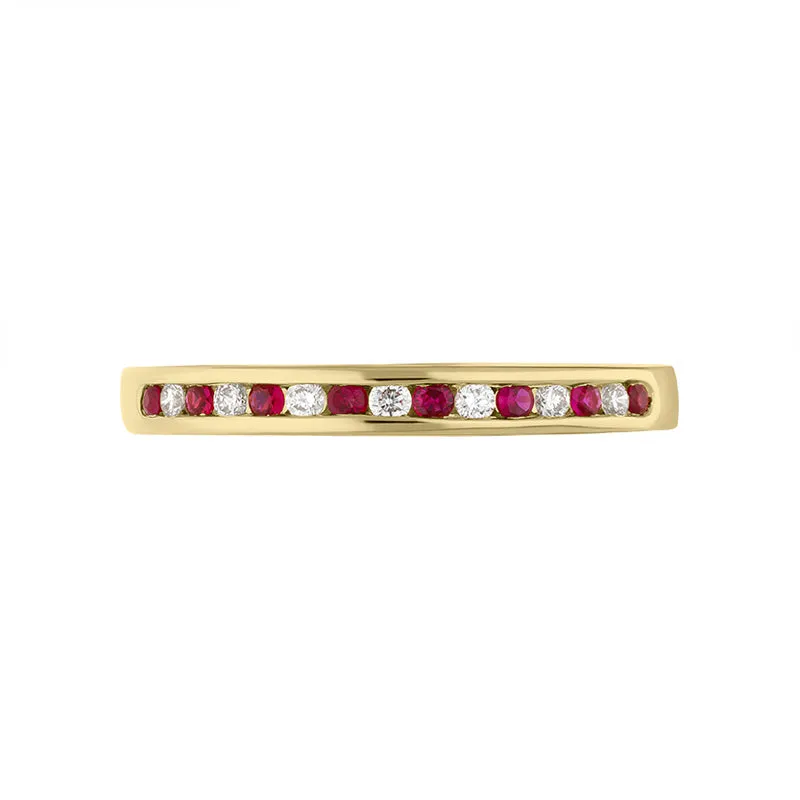 18ct Yellow Gold Ruby Diamond Channel Set Half Eternity Ring