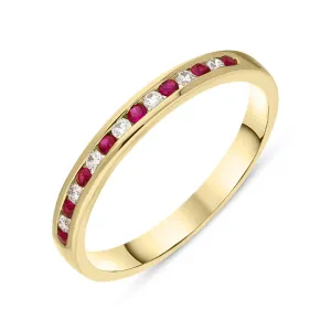 18ct Yellow Gold Ruby Diamond Channel Set Half Eternity Ring