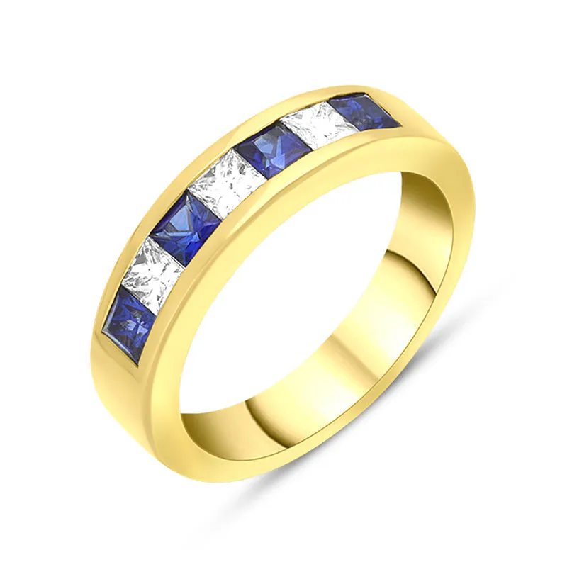 18ct Yellow Gold Sapphire Diamond Princess Cut Channel Set Half Eternity Ring