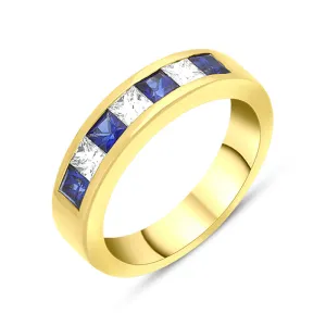 18ct Yellow Gold Sapphire Diamond Princess Cut Channel Set Half Eternity Ring