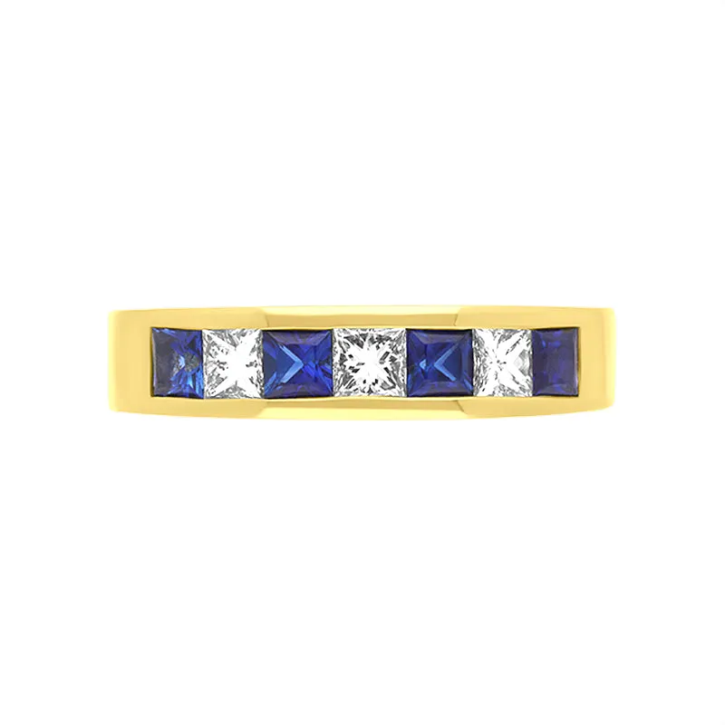 18ct Yellow Gold Sapphire Diamond Princess Cut Channel Set Half Eternity Ring