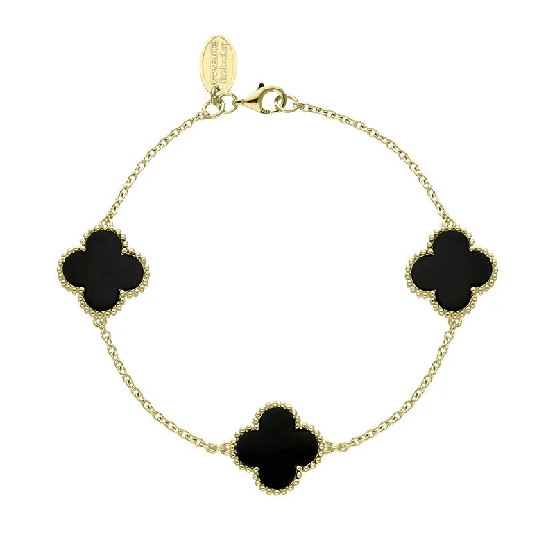 18ct Yellow Gold Whitby Jet Bloom Four Leaf Clover Ball Edge Chain Bracelet