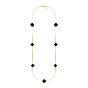 18ct Yellow Gold Whitby Jet Bloom Four Leaf Clover Ball Edge Long Necklace