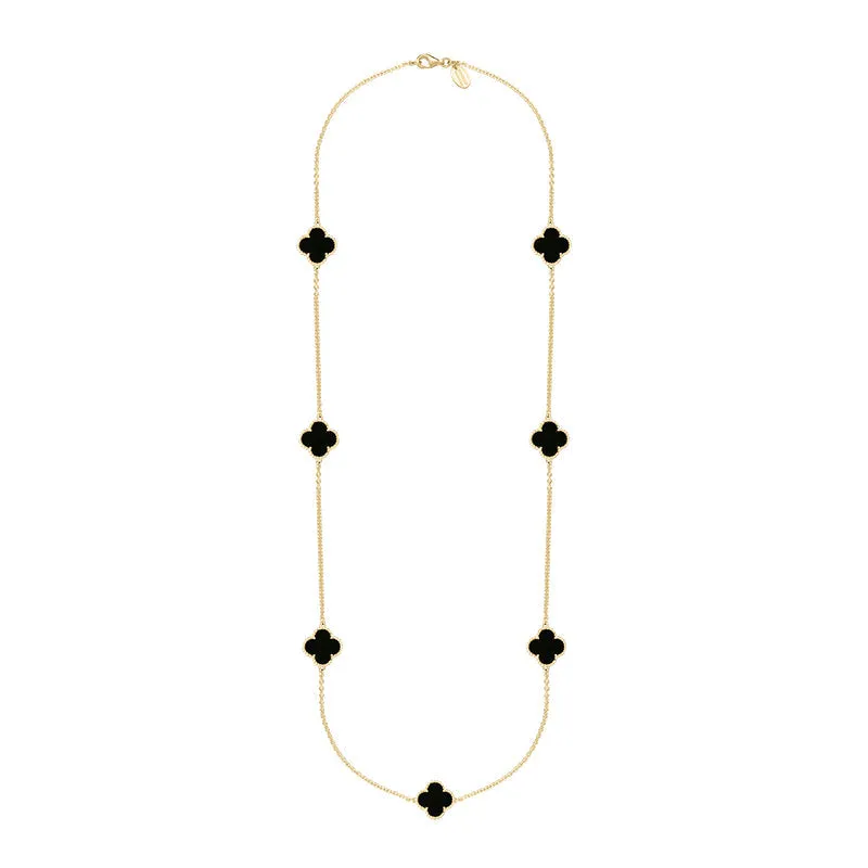 18ct Yellow Gold Whitby Jet Bloom Four Leaf Clover Ball Edge Long Necklace