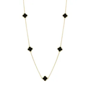 18ct Yellow Gold Whitby Jet Bloom Four Leaf Clover Ball Edge Necklace