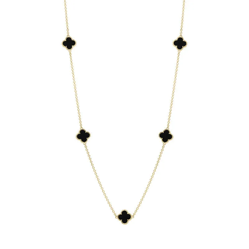 18ct Yellow Gold Whitby Jet Bloom Four Leaf Clover Ball Edge Necklace