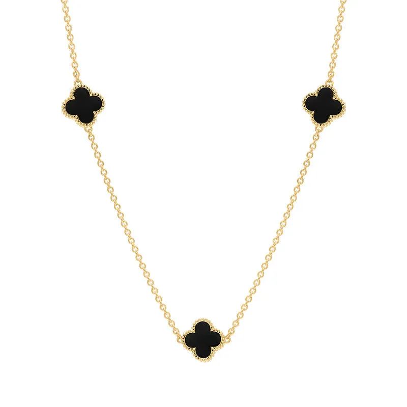 18ct Yellow Gold Whitby Jet Bloom Four Leaf Clover Ball Edge Necklace