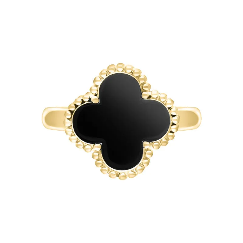 18ct Yellow Gold Whitby Jet Bloom Four Leaf Clover Ball Edge Ring