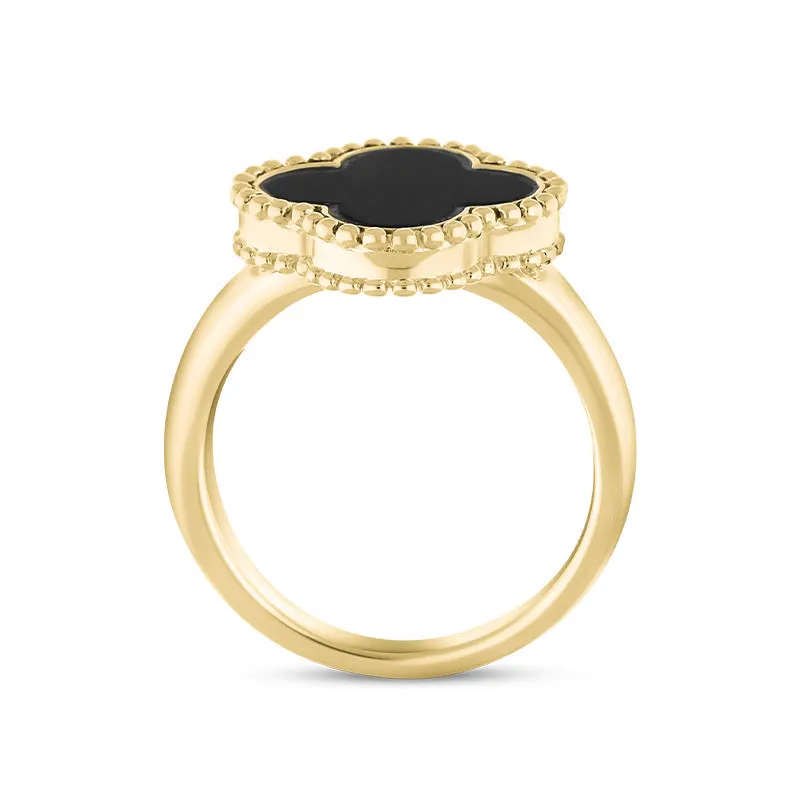 18ct Yellow Gold Whitby Jet Bloom Four Leaf Clover Ball Edge Ring