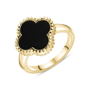18ct Yellow Gold Whitby Jet Bloom Four Leaf Clover Ball Edge Ring