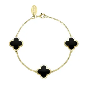 18ct Yellow Gold Whitby Jet Bloom Four Leaf Clover Chain Bracelet