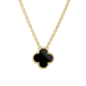 18ct Yellow Gold Whitby Jet Bloom Small Four Leaf Clover Ball Edge Chain Necklace