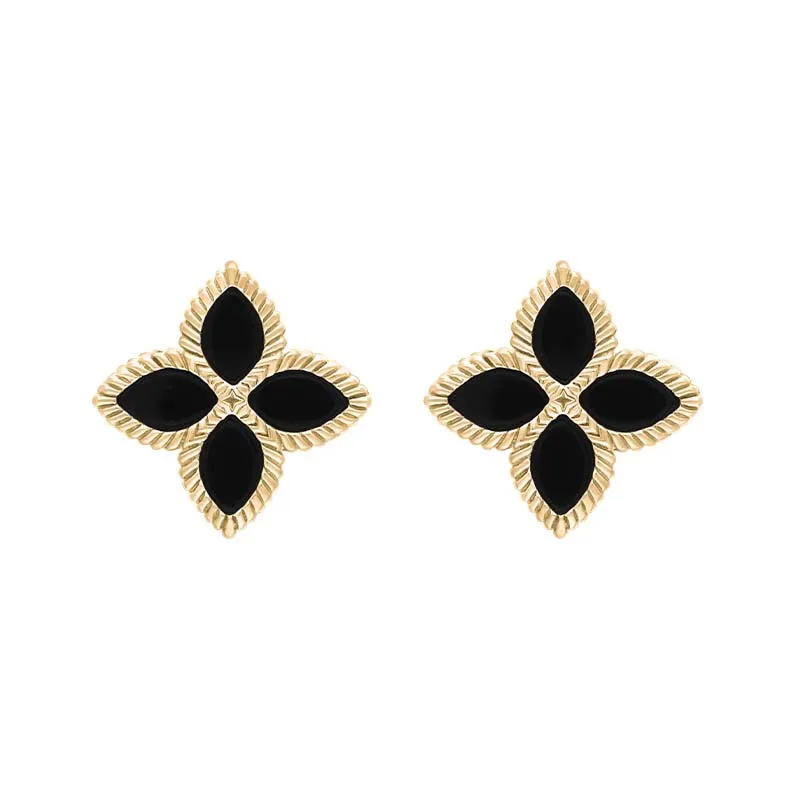 18ct Yellow Gold Whitby Jet Eden Marquise Flower Stud Earrings
