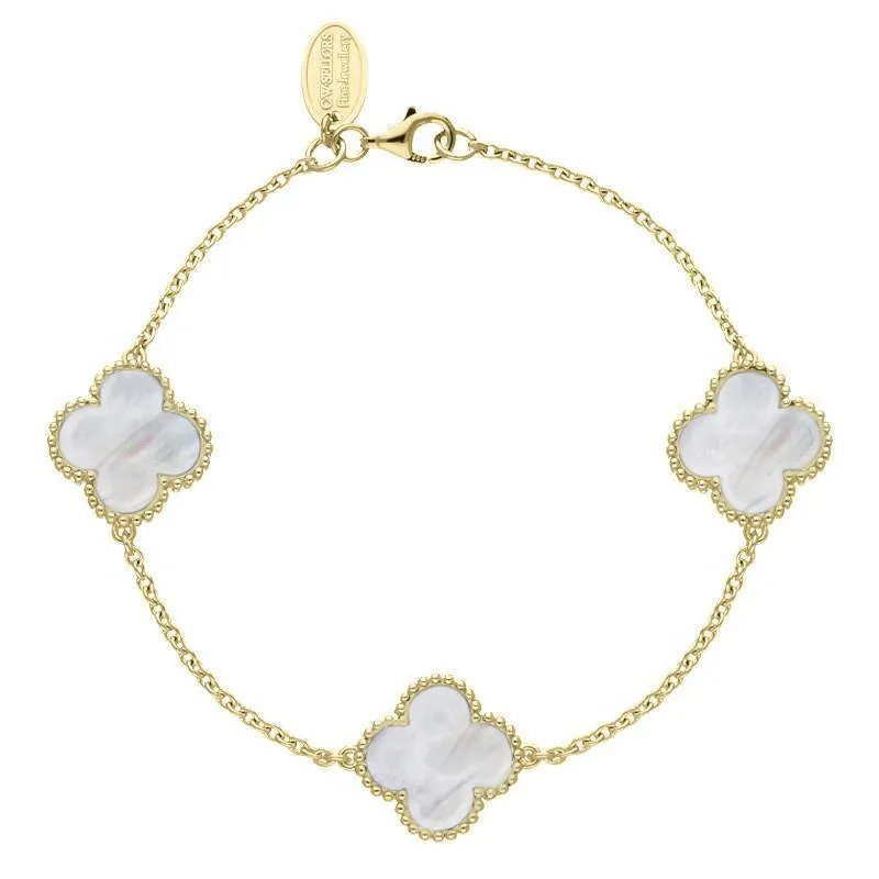 18ct Yellow Gold White Mother of Pearl Bloom Four Leaf Clover Ball Edge Chain Bracelet