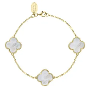 18ct Yellow Gold White Mother of Pearl Bloom Four Leaf Clover Ball Edge Chain Bracelet