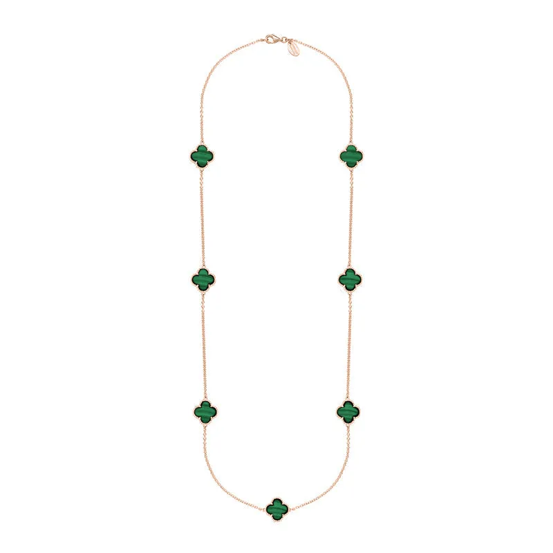 9ct Rose Gold Malachite Bloom Four Leaf Clover Ball Edge Long Necklace