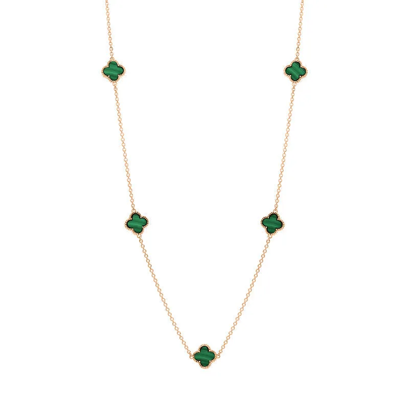 9ct Rose Gold Malachite Bloom Four Leaf Clover Ball Edge Necklace