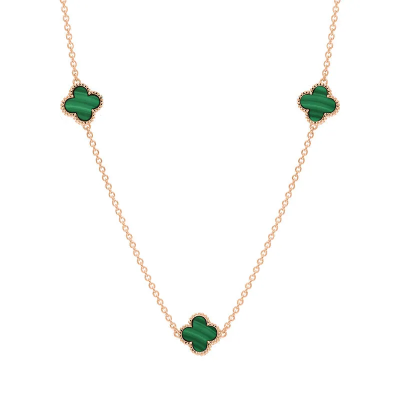9ct Rose Gold Malachite Bloom Four Leaf Clover Ball Edge Necklace