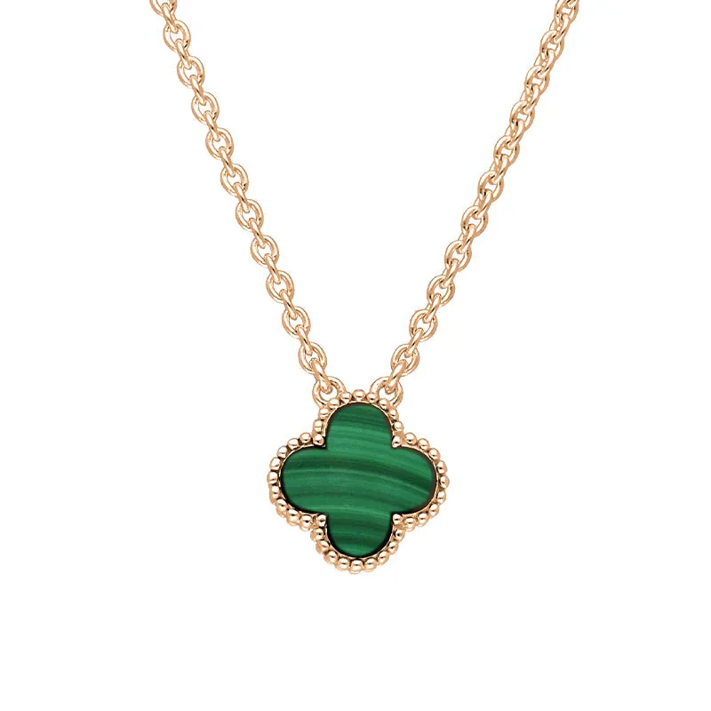 9ct Rose Gold Malachite Bloom Small Four Leaf Clover Ball Edge Chain Necklace