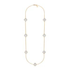 9ct Rose Gold White Mother of Pearl Bloom Four Leaf Clover Ball Edge Long Necklace