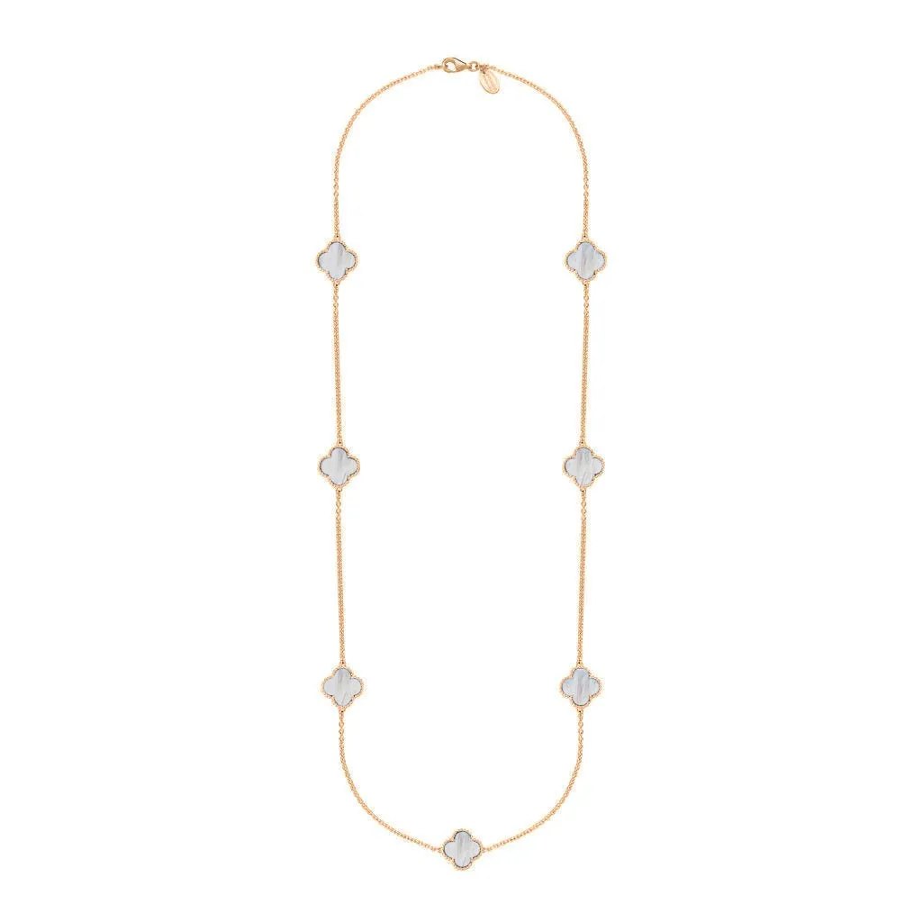 9ct Rose Gold White Mother of Pearl Bloom Four Leaf Clover Ball Edge Long Necklace