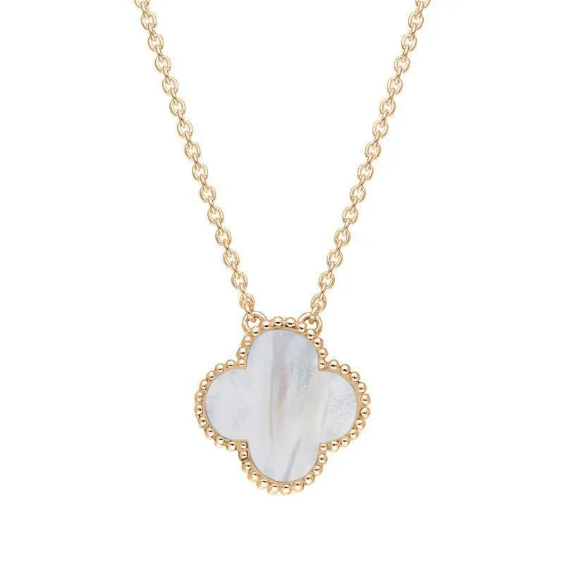 9ct Rose Gold White Mother of Pearl Bloom Large Four Leaf Clover Ball Edge Chain Necklet