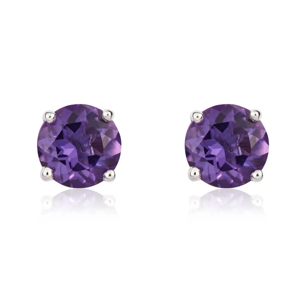9ct White Gold Amethyst 5mm Round Claw Set Stud Earrings