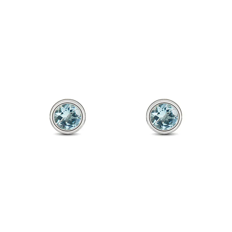 9ct White Gold Aquamarine 3mm Round Rub Over Set Stud Earrings