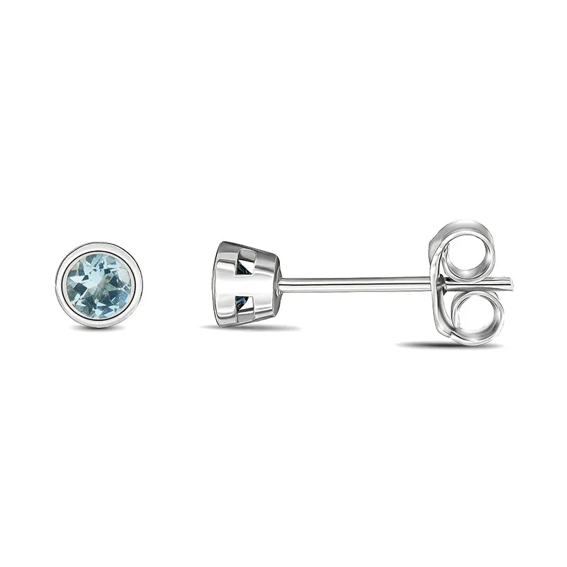 9ct White Gold Aquamarine 3mm Round Rub Over Set Stud Earrings