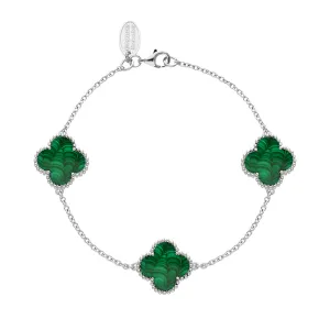 9ct White Gold Malachite Bloom Four Leaf Clover Ball Edge Chain Bracelet