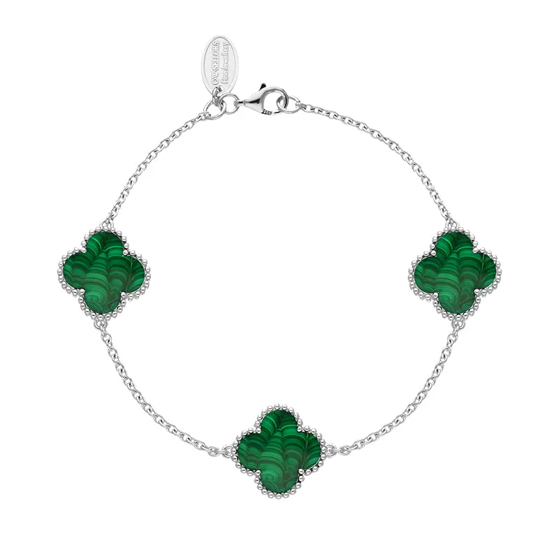 9ct White Gold Malachite Bloom Four Leaf Clover Ball Edge Chain Bracelet