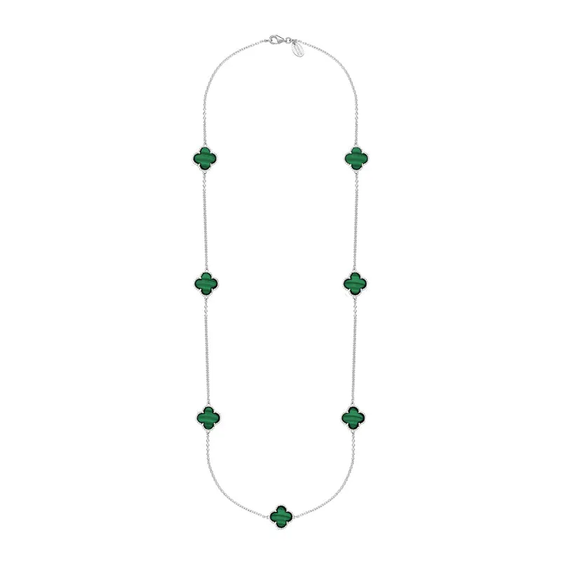 9ct White Gold Malachite Bloom Four Leaf Clover Ball Edge Long Necklace