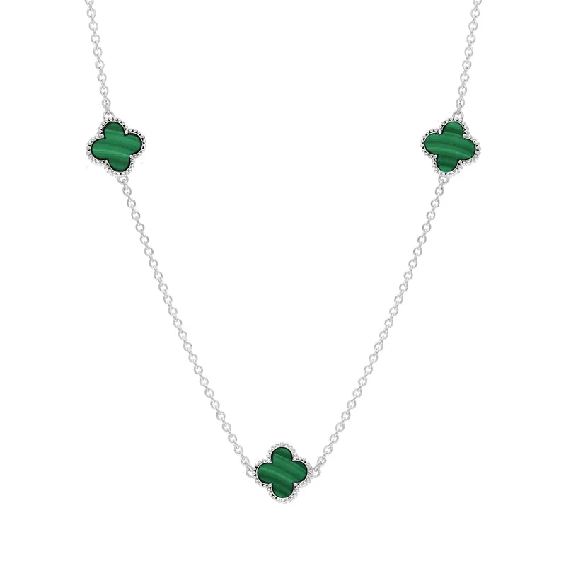 9ct White Gold Malachite Bloom Four Leaf Clover Ball Edge Necklace