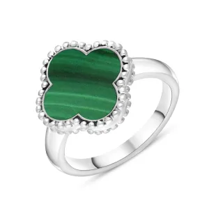 9ct White Gold Malachite Bloom Four Leaf Clover Ball Edge Ring
