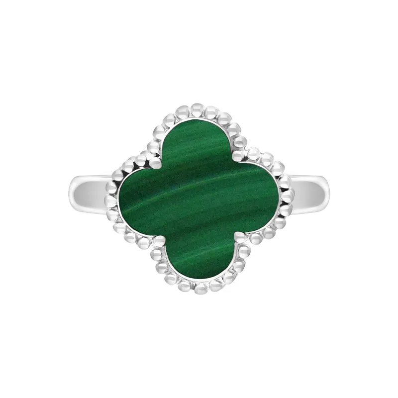9ct White Gold Malachite Bloom Four Leaf Clover Ball Edge Ring