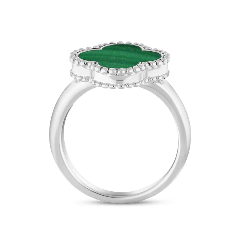 9ct White Gold Malachite Bloom Four Leaf Clover Ball Edge Ring