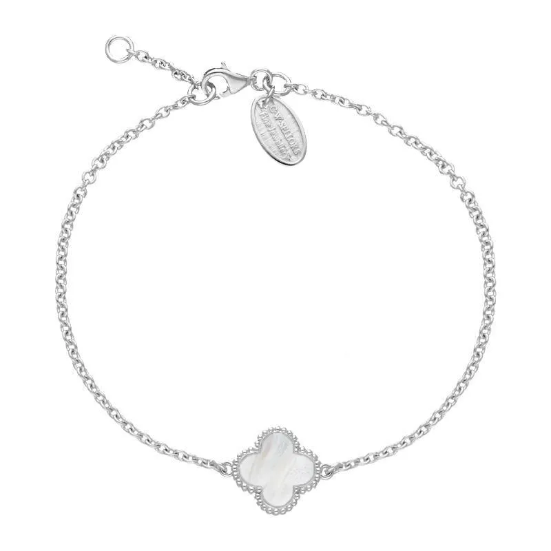 9ct White Gold White Mother of Pearl Bloom Four Leaf Clover Ball Edge Chain Bracelet